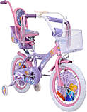 Дитячий сталевий Princess 14 велосипед із батьківською ручкою, кошиком, багажником для ляльки, бузковий для дівчинки, фото 4