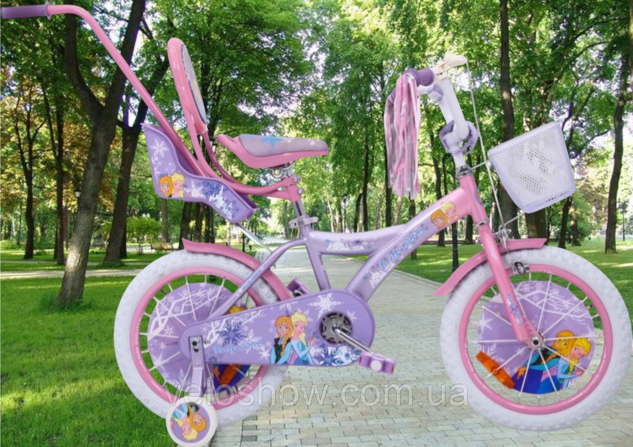 Дитячий сталевий Princess 16 велосипед із батьківською ручкою, кошиком, багажником для ляльки, бузковий для дівчинки, фото 1