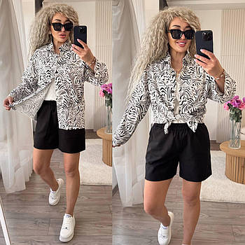 Костюм жіночий лляний сорочка з принтом і шорти (Норма)