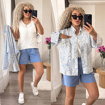 Костюм жіночий лляний сорочка з принтом і шорти (Норма)