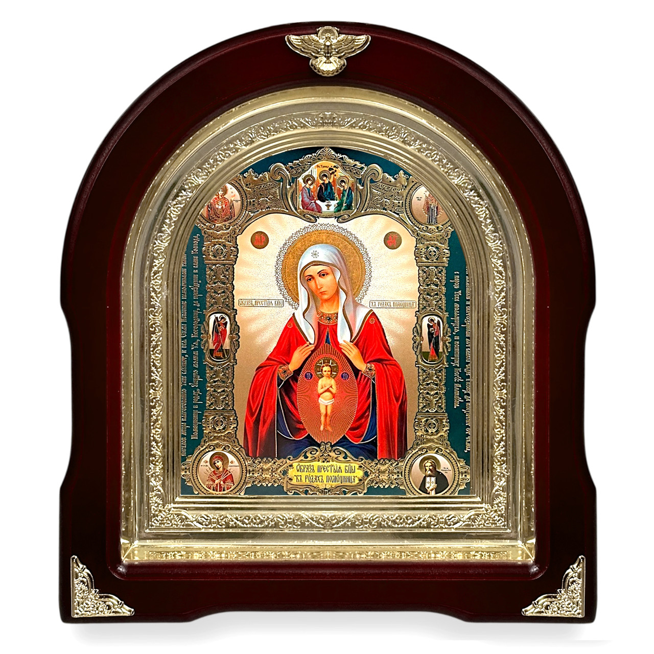 Ікона Пресвята Богородиця в породах Помічниця, лік 15х18 см, у темному дерев'яному кіоті, арка, фото 1