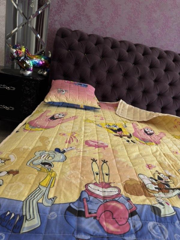 Покривало стьобане бавовняне з подушкою на дитяче ліжко Губка Боб 110 * 140 см, фото 1