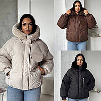 Жіноча зимова куртка біопух S-M; M-L; L-XL чорний , бежевий,шоколад
