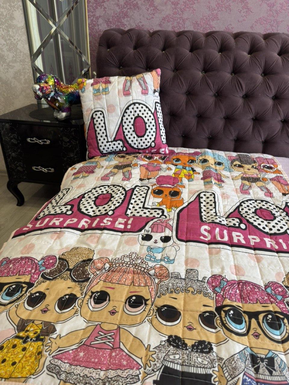 Покрывало стеганное хлопковое с подушкой на детскую кровать ЛОЛ 110*140см, фото 1