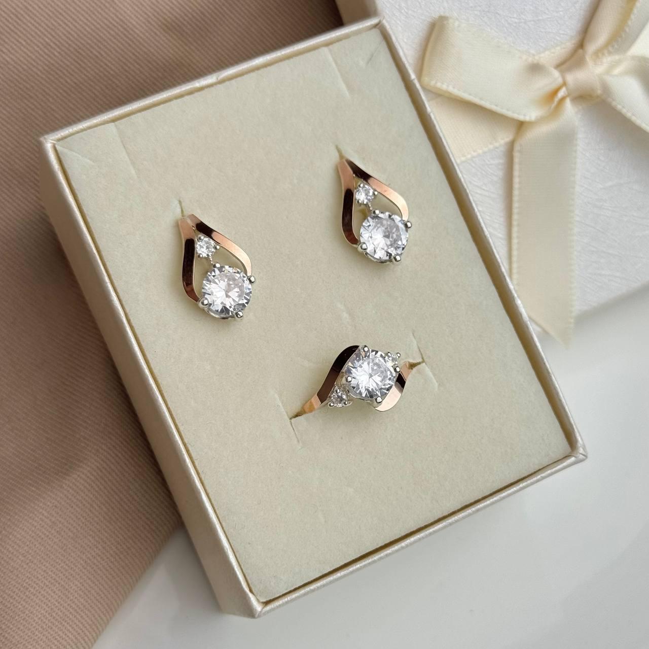 Срібний комплект з золотими пластинами Сережки Каблучка, фото 1