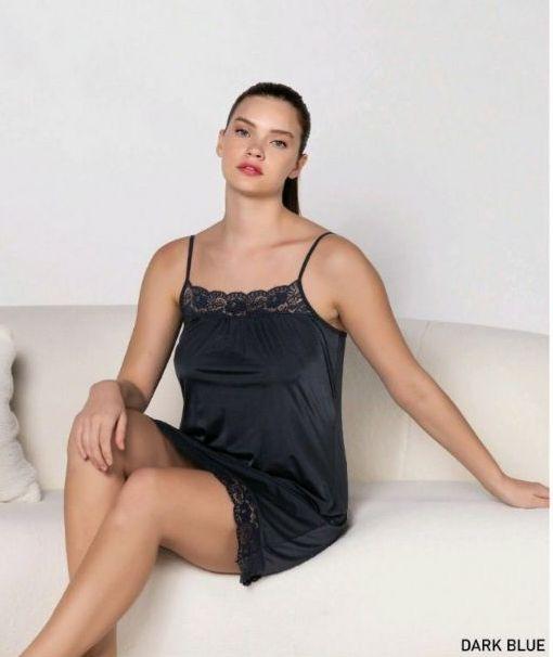 Нічна сорочка з мереживом на бретельках Caroline темно-синій, фото 1