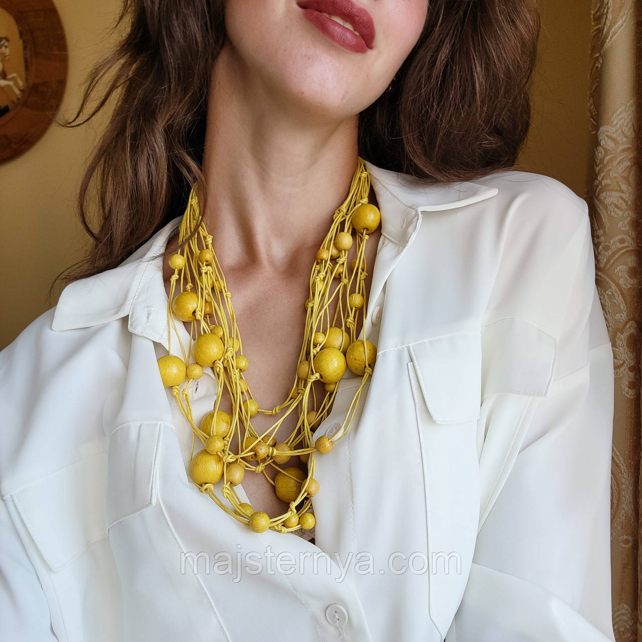 Жовте намисто з дерева "Спогади Насті" в етнічному стилі, фото 1