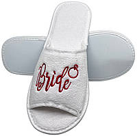 Тапочки махрові весільні для нареченої, відкриті, з вишивкою "Bride з кільцем", 29 см, білий колір