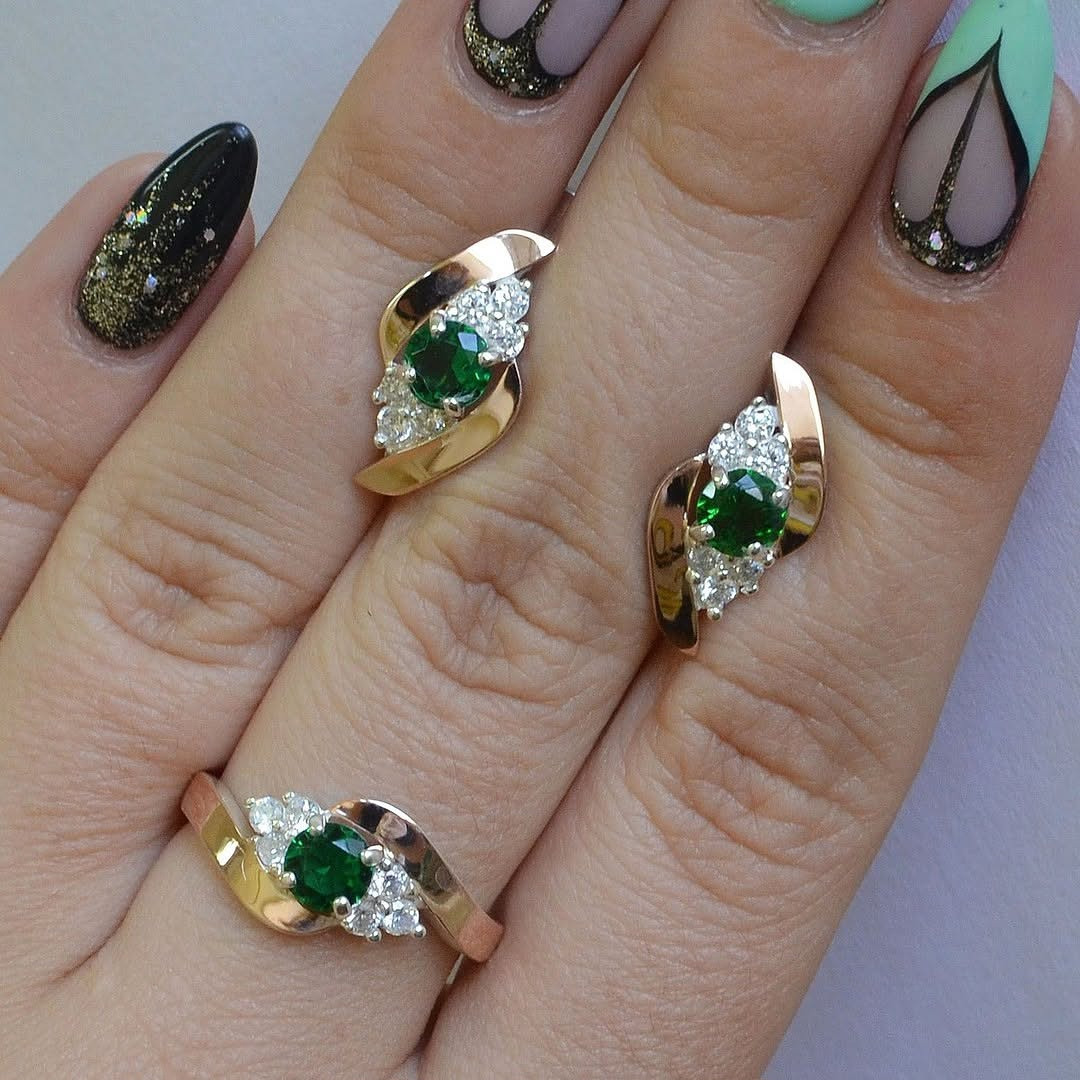 Срібний комплект з золотими пластинами Сережки Каблучка