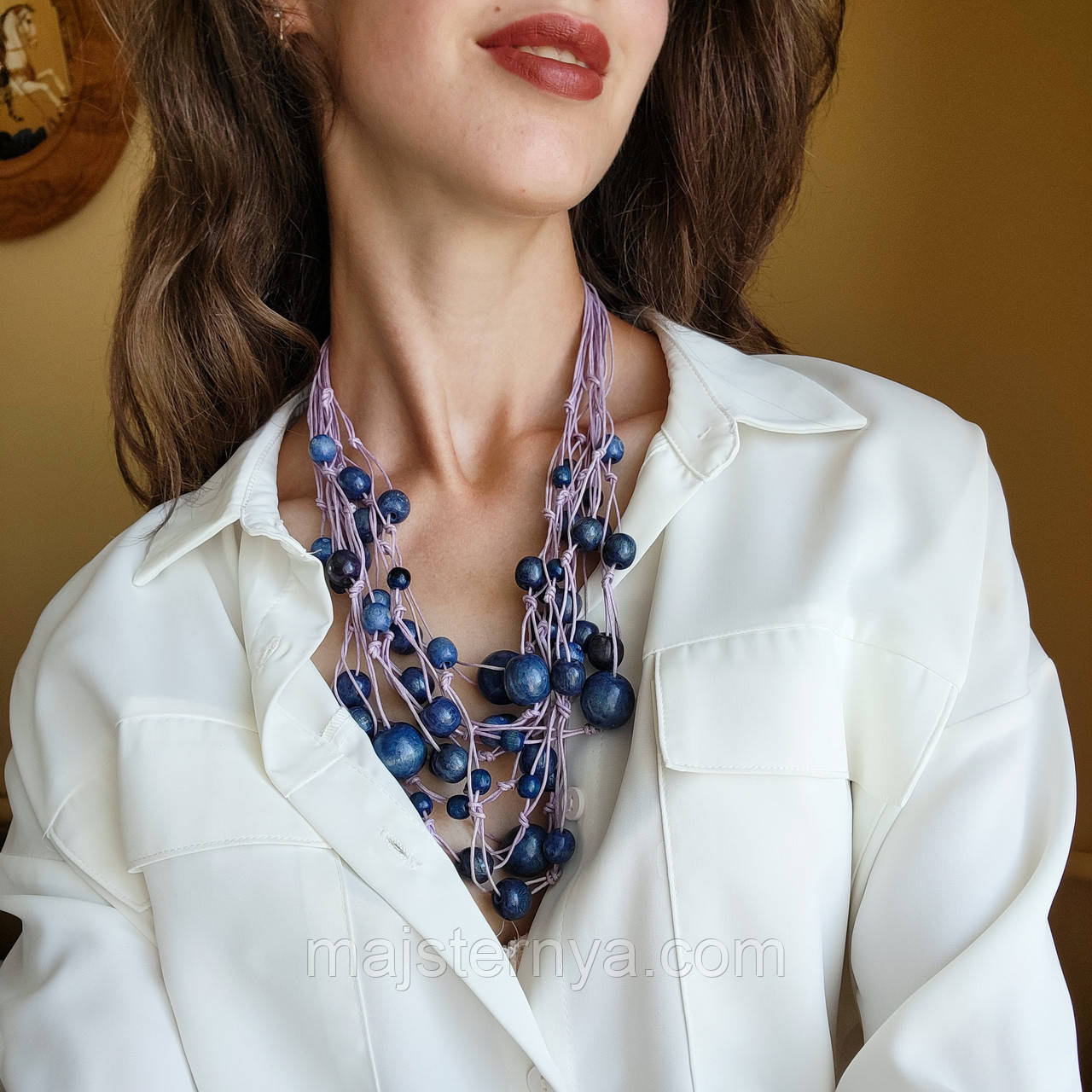 Намисто з дерева "Спогади Насті" в етнічному стилі Синій; Фіолетовий