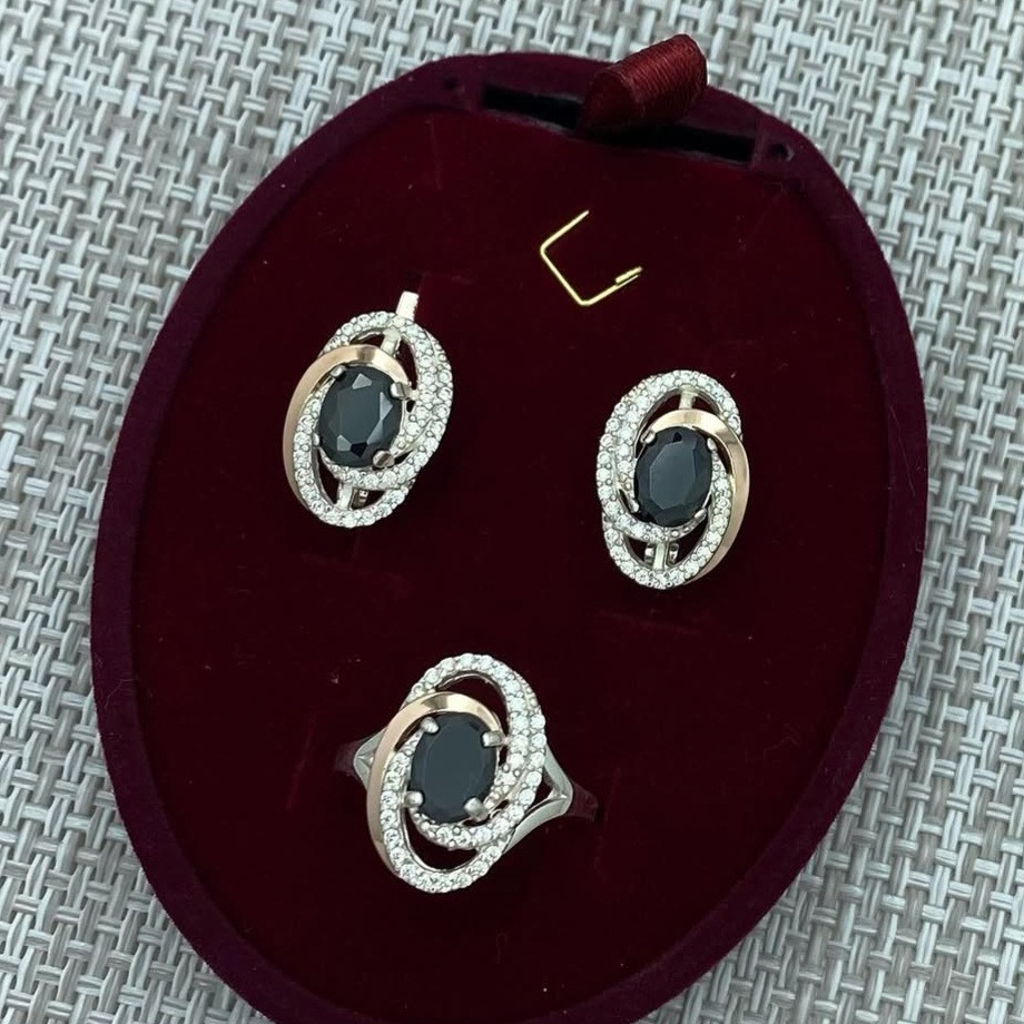 Срібний комплект з золотими пластинами Сережки Каблучка