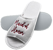 Весільні тапочки для головної дружки, махрові, відкриті, білі, 29 см, напис "Maid of Honor"