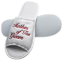 Весільні тапочки для мами нареченого, махрові, відкриті, з вишивкою "Mother of the Groom", білий колір, 29 см