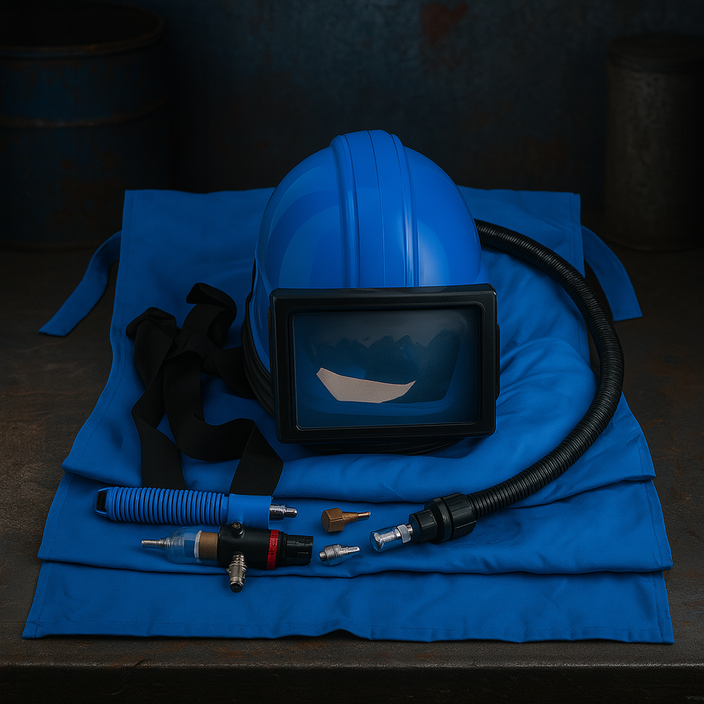 Піскоструминний шолом РАНО з регулятором температури, подачею повітря та антизапотівальним оглядовим вікном, фото 1