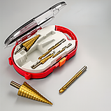 Набір східчастих свердел HSS з титановим покриттям у кейсі, 6 шт для металу, дерева, пластику, фото 2