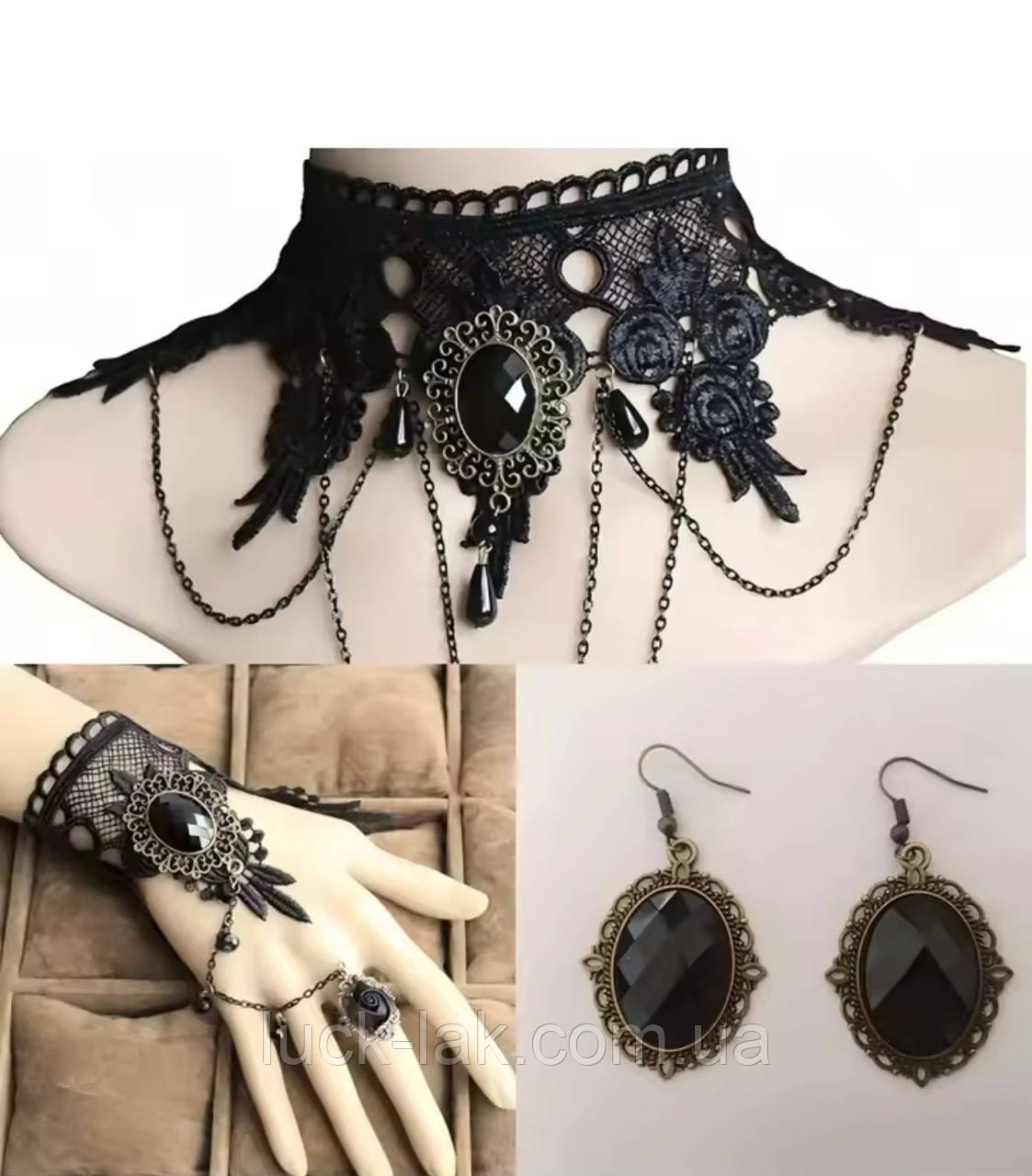Чокер і браслет мереживної +сережки, намисто широке з кавошоном, комплект, фото 1