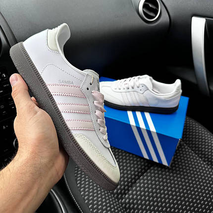 Жіночі кросівки Adidas Samba White Pink Logo Адідас Самба білі з рожевим замша шкіра демісезон, фото 1
