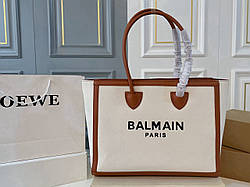 Balmain B-Army Large Canvas Tote Bag with Brown Leather Trim 42х33