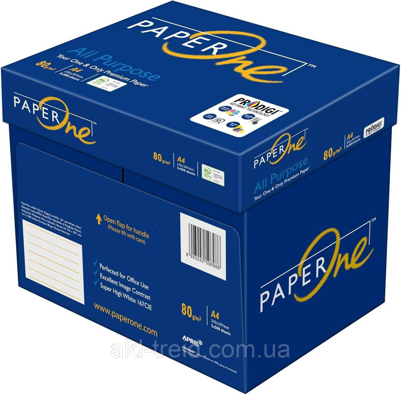 Папір офісний А4 80г/м2 Paper One All Purpose (клас А) Преміум * Ящик (5 пачок), фото 1