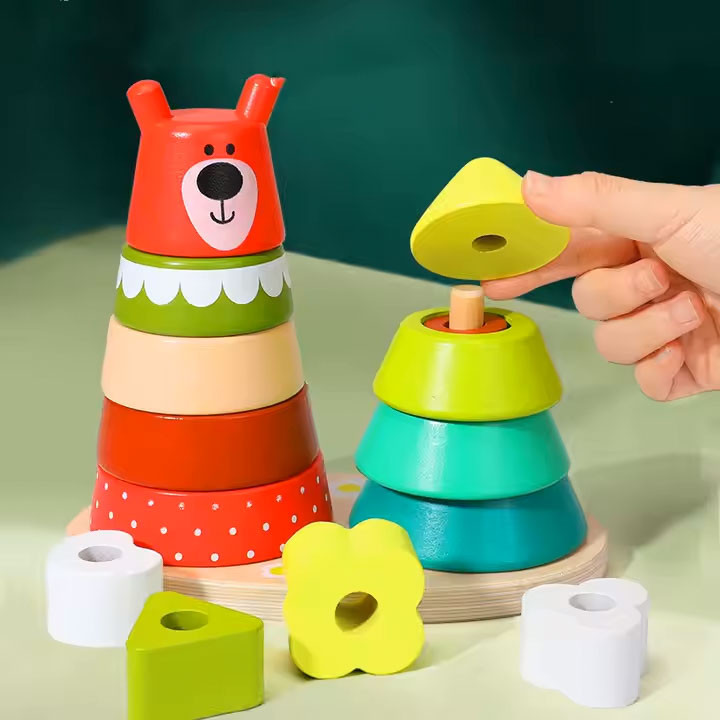 Дерев'яна розвивальна іграшка пірамідка монтессорі для дитини Збери пазл за формою, розстав кільця по місцях, фото 1