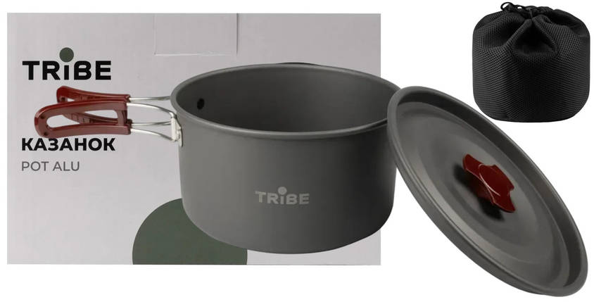 Туристичний алюмінієвий казанок Tribe Pot Alu T-FH-0014 (Grey), 1.9 л | Легка каструля для походу з двома складаними ручками, фото 1