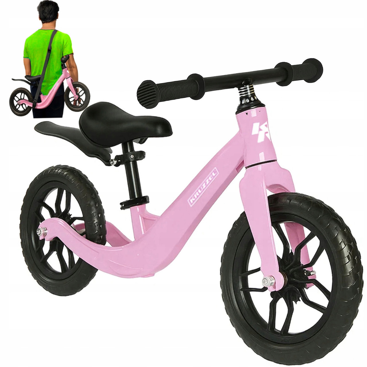 Біговел дитячий Kruzzel вік 2+ діаметр коліс 12" + плечовий ремінь Рожевий (25768)