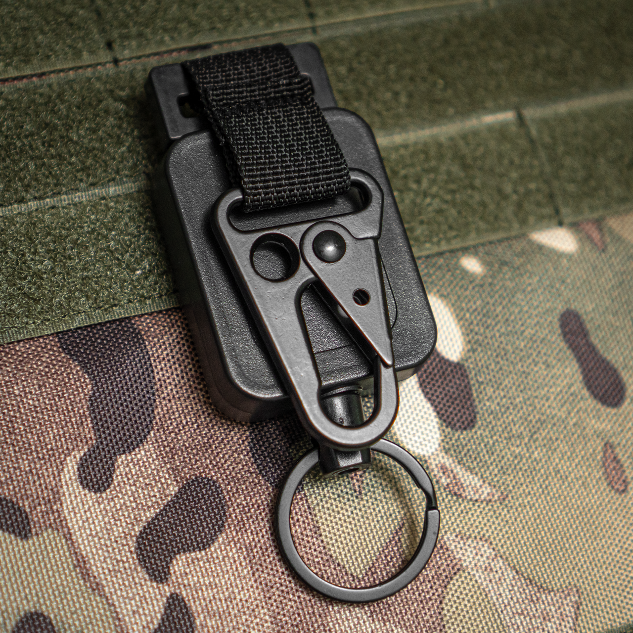 Ретрактор тактичний карабін брелок FAT BLACK з тросиком 60 см, фото 1