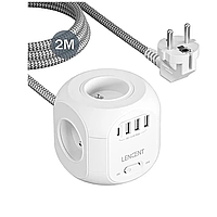 Мережевий подовжувач трійник LENCENT SL-805E 2500 W 8 в 1 з вимикачем 3 USB | 4 EU | 1 Type-C | 2 метри