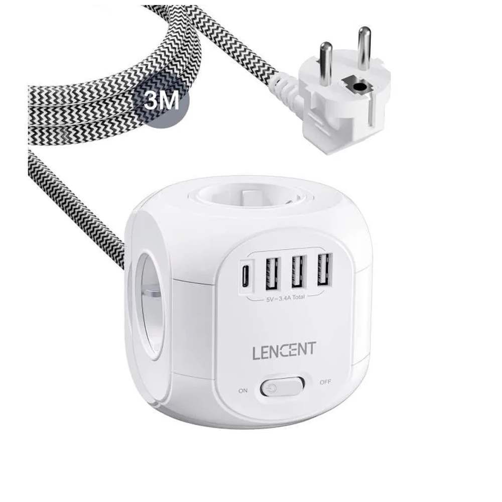Мережевий подовжувач трійник LENCENT SL-805E 2500 W 8 в 1 з вимикачем 3 USB | 4 EU | 1 Type-C | 3 метри