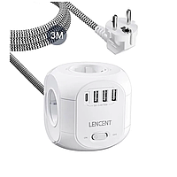 Мережевий подовжувач трійник LENCENT SL-805E 2500 W 8 в 1 з вимикачем 3 USB | 4 EU | 1 Type-C | 3 метри