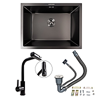 Кухонний комплект: Мийка Valeso Handmade (58x43 см) PVD чорна, монтаж під стільницю + Змішувач XK09B PVD