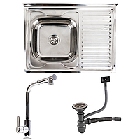 Кухонний комплект: Мийка Valeso (80x60 см) полірована, з лівою чашею + Змішувач FC-1 з висувною лійкою