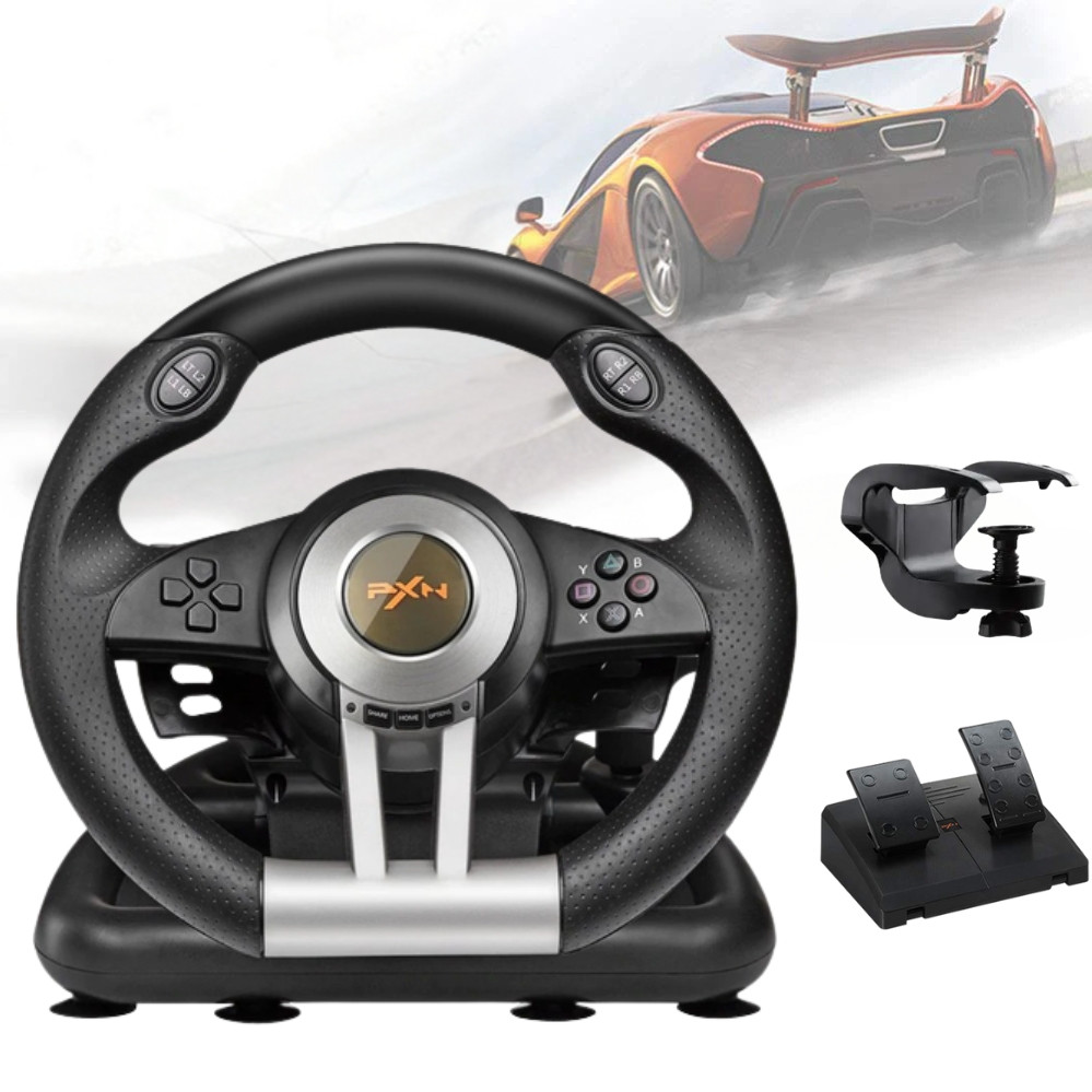 Ігрове кермо PXN V3PRO з вібрацією педалями гальма та газу Універсальний джойстик-кермо для PS3/4 X-ONE ПК, фото 1