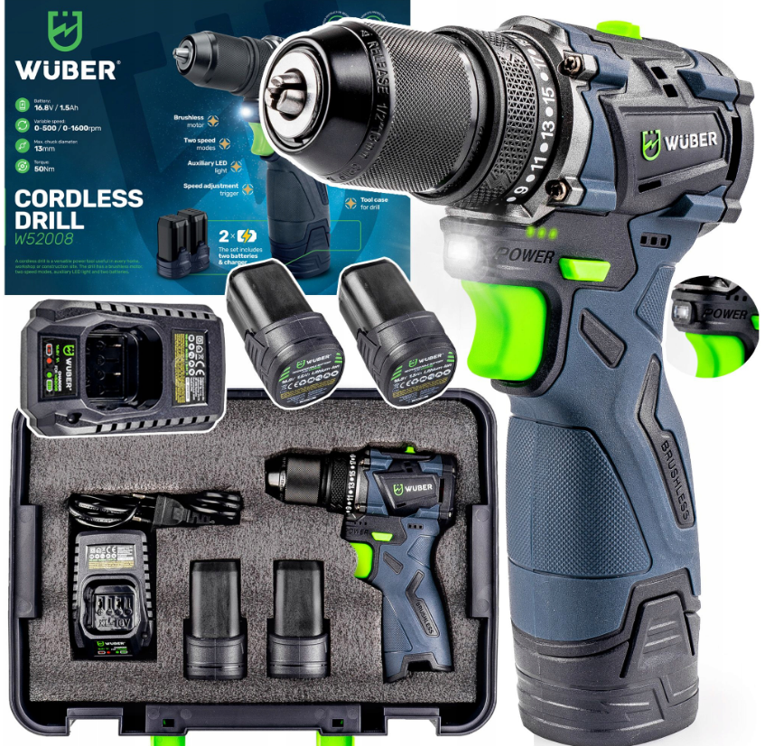 Акумуляторний шуруповерт 50Нм + 2 батареї Wuber (Польща), фото 1