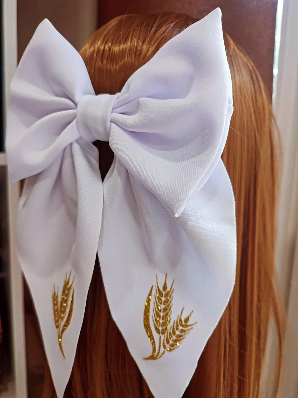 Білий шкільний бант з колосками Великий бант в школу Школа заколка резинка Шкільні бантики заколки колоски, фото 1