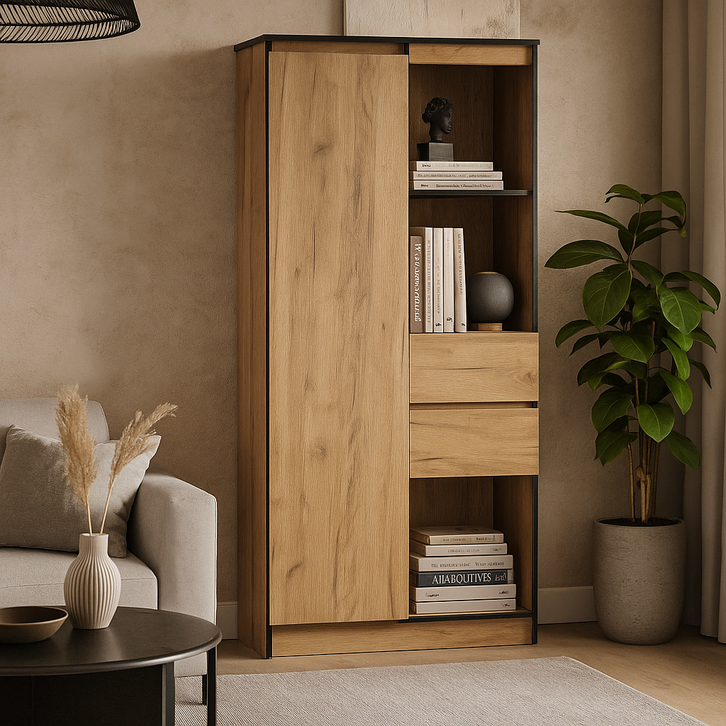 Сучасна вузька шафа пенал 80 см з полицями для книг і шухлядами у вітальню зал ЛДСП Бруклін Мебель Сервіс