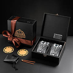 Камені для віскі подарунковий дерев'яний набір із келихами. Кубики для охолодження віскі 2 склянки Bohemia Diamond 280 мл