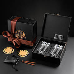 Камені для віскі подарунковий дерев'яний набір із келихами. Кубики для охолодження віскі 2 склянки Bohemia Barline 300 мл