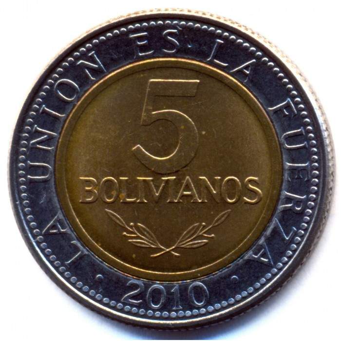 Монета Болівії 5 болівано 2010-12 рр, фото 1