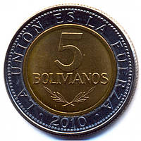 Монета Болівії 5 болівано 2010-12 рр
