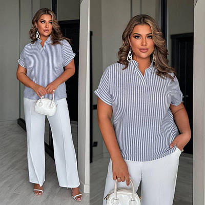 Жіноча блуза в смужку вільного крою льон комір стійка розміри 48-58