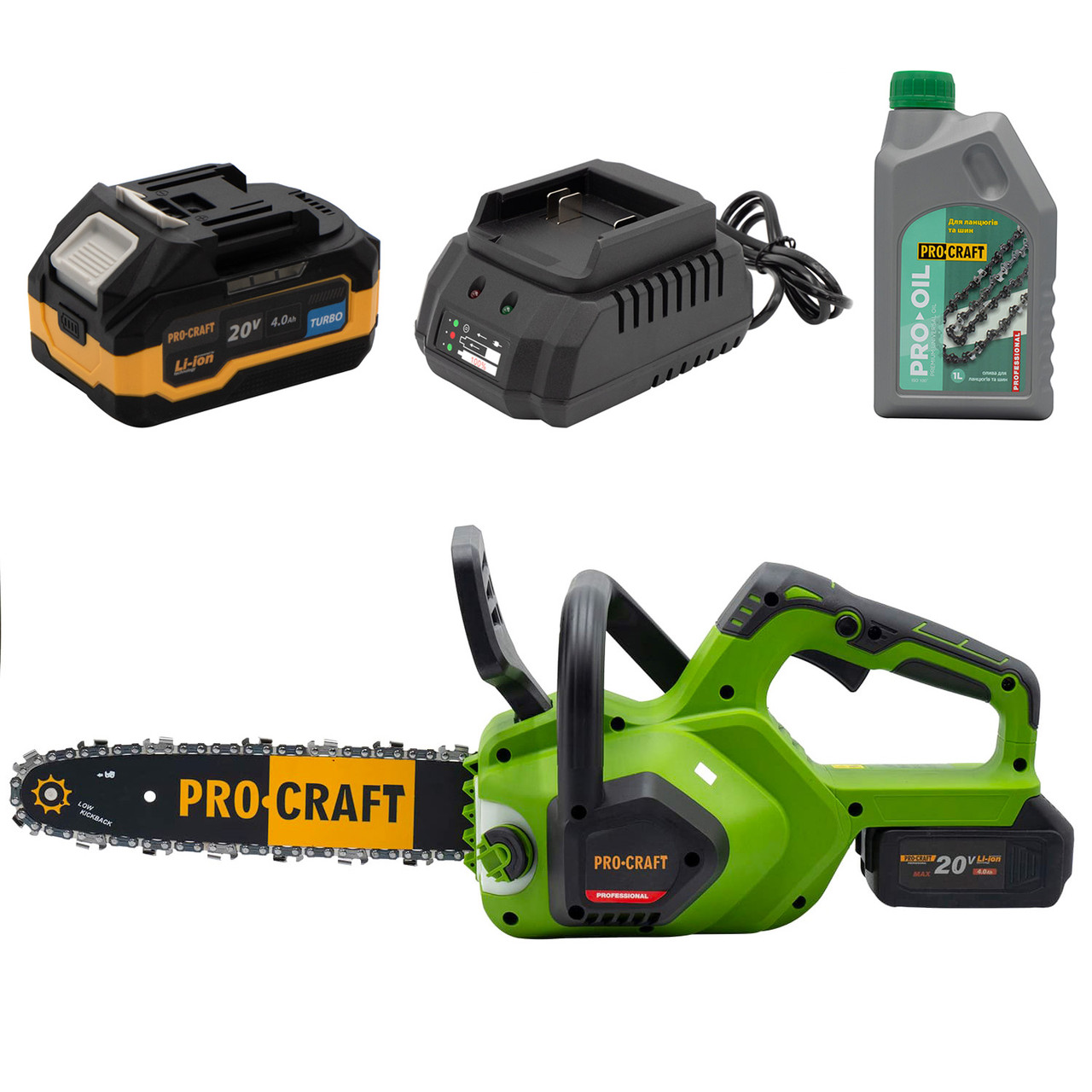 Акумуляторна ланцюгова пила Procraft PKA38 + 1 акб 4Аг Turbo + ЗП charger20/1 + Олива для ланцюга 1л, фото 1