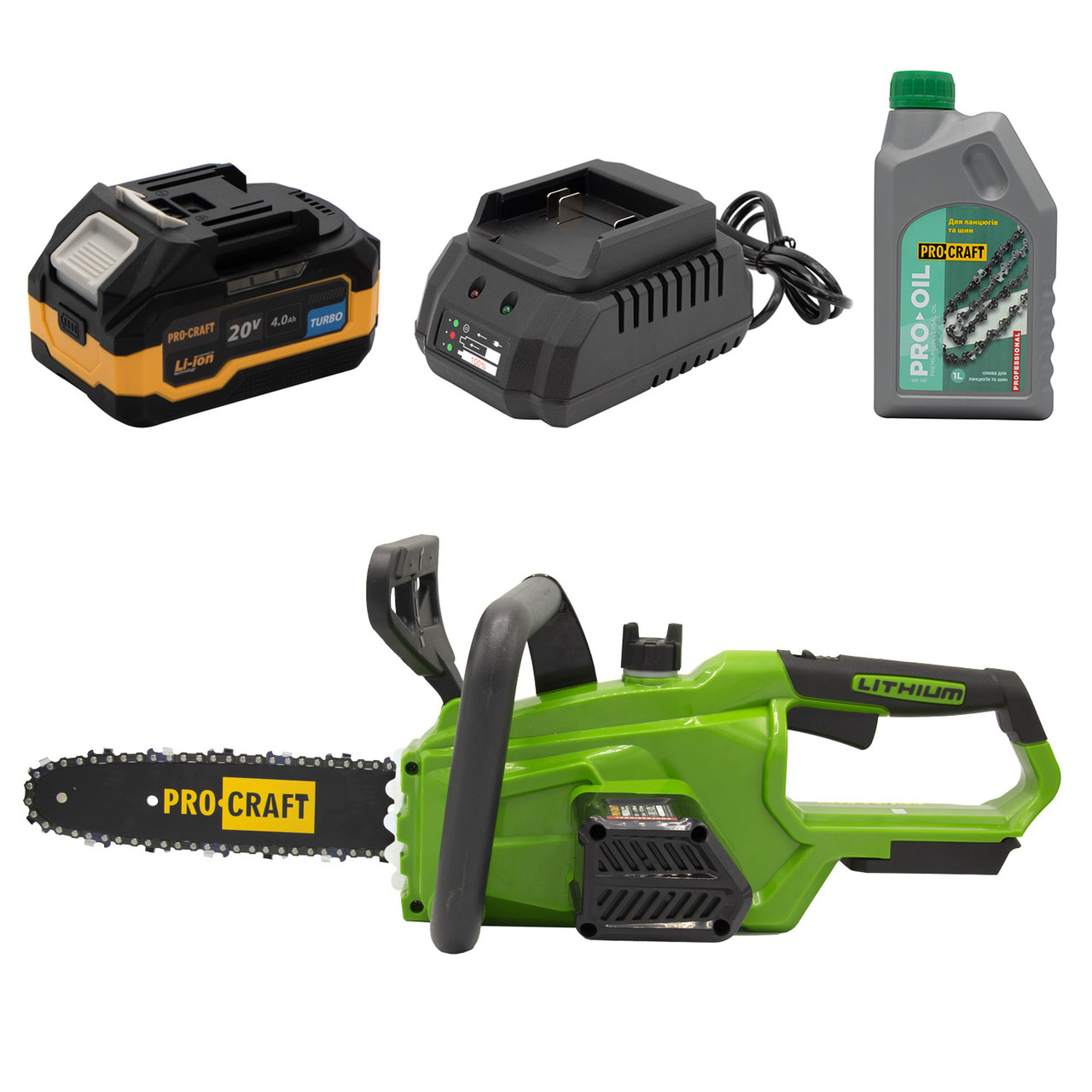 Акумуляторна ланцюгова пила Procraft PKA36 + 1 акб 4Аг Turbo + ЗП charger20/1 + Олива для ланцюга 1л, фото 1