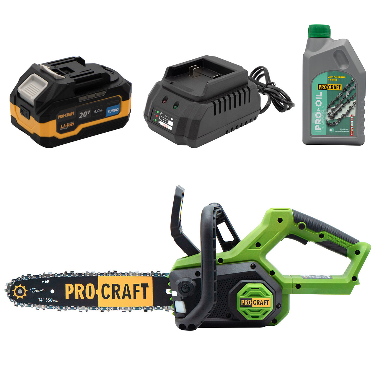 Акумуляторна ланцюгова пила Procraft PKA60 + 1 акб 4Аг Turbo + ЗП charger20/1 + Олива для ланцюга 1л, фото 1