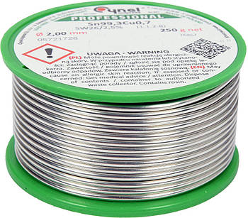 Припій без свинцю CYNEL : Ø2 мм, Sn99,3-Cu0,7 дротяний на коташці з флюсом m= 250 г [20]