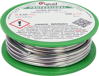 Припій без свинцю CYNEL : Ø2,5 мм, Sn99,3-Cu0,7 дротяний на котушці з флюсом m= 100 г [30]