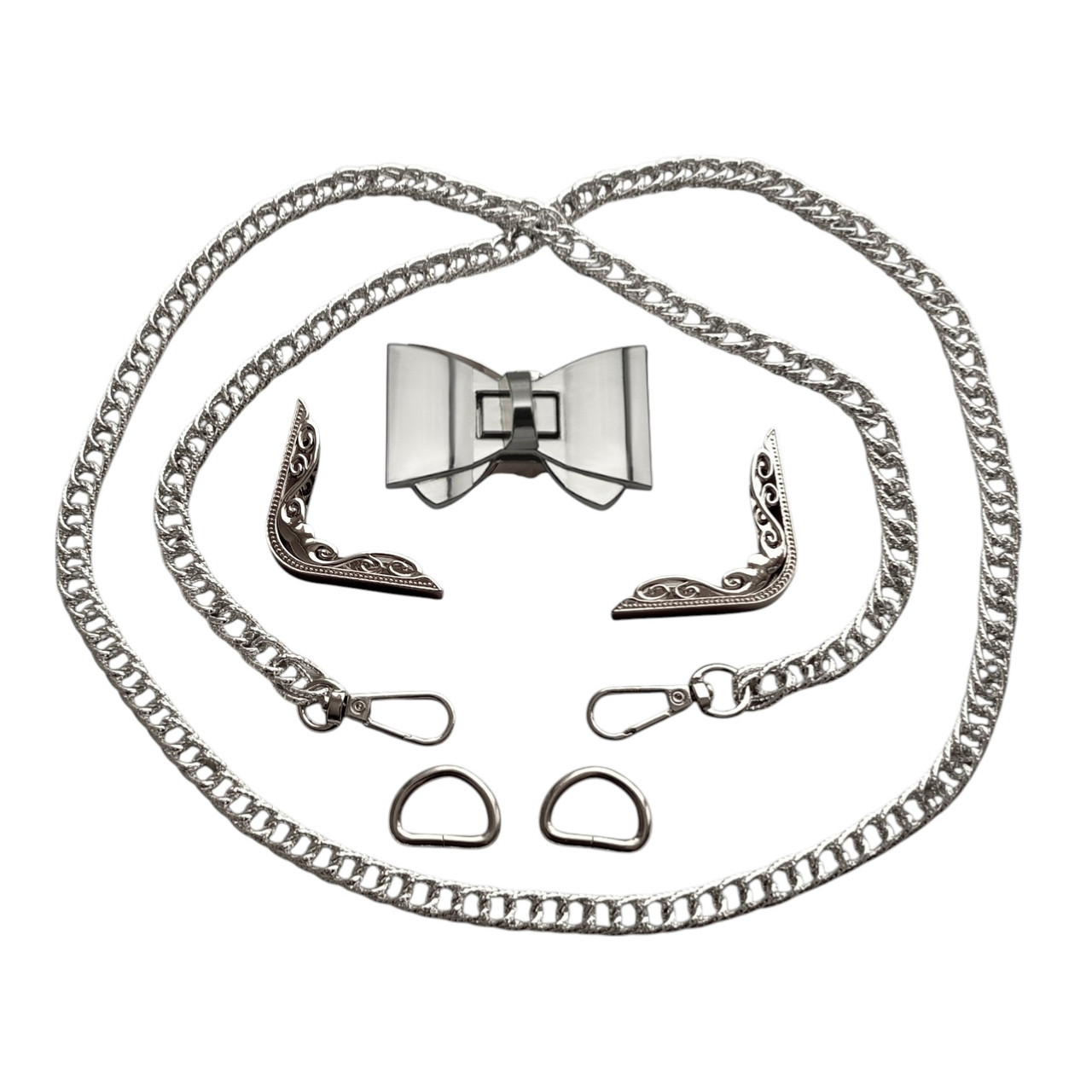 Набір - Замок Бантік + Куточки для клапана №5 + Ручка-ланцюжок колір срібло Фурнітура для сумки, фото 1