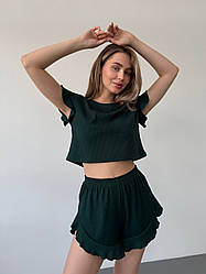 Комплект трикотажний рубчик з рюшами футболка і шорти зелений