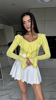 Жіночий топ з натуральної віскози з рюшами та зав’язкою розмір S–L лимонний