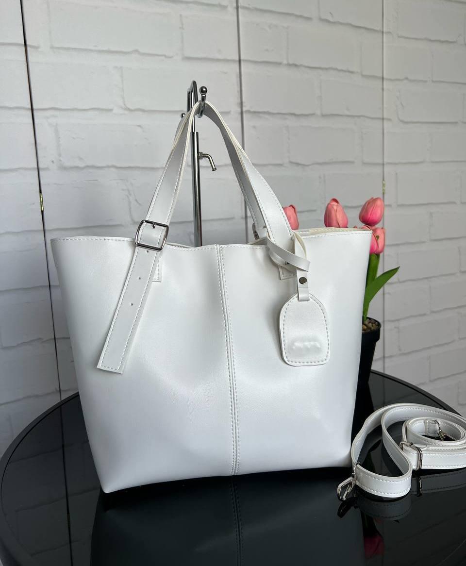 Велика жіноча сумка стильна шоппер міська на плече модна біла екошкіра
